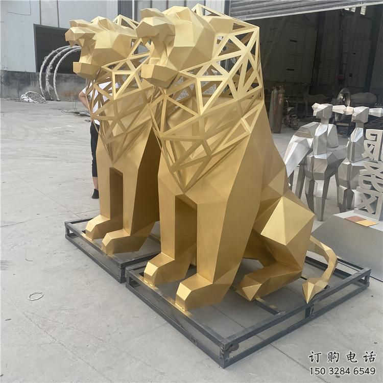 鏤空獅子雕塑 幾何動物不銹鋼雕塑