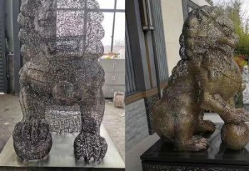 編織獅子雕塑定價，透雕動物雕塑，鏤空不銹鋼獅子雕塑